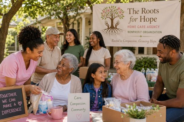 A diverse group of people volunteering at a nonprofit home care agency event outdoors.