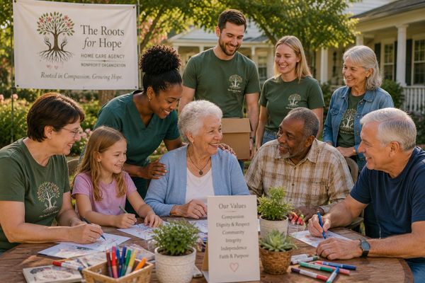 Volunteers and seniors happily engage in a community activity outdoors.
