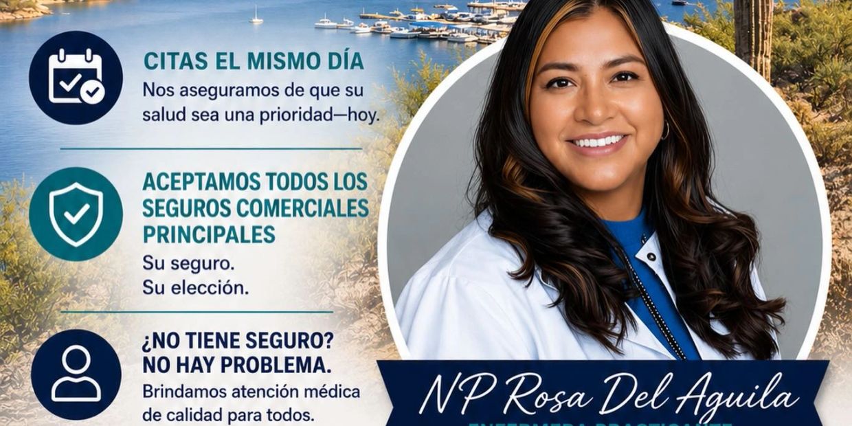 Información sobre citas médicas y seguros, con foto de una enfermera sonriente.