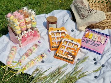 A picnic setup with cute animal-themed snacks and treats on a white cloth outdoors.
