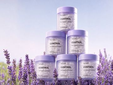 Lavender-scented hair support gummies arranged in a pyramid among lavender flowers.