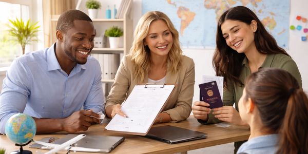 A travel agent assisting clients with passports and travel documents.