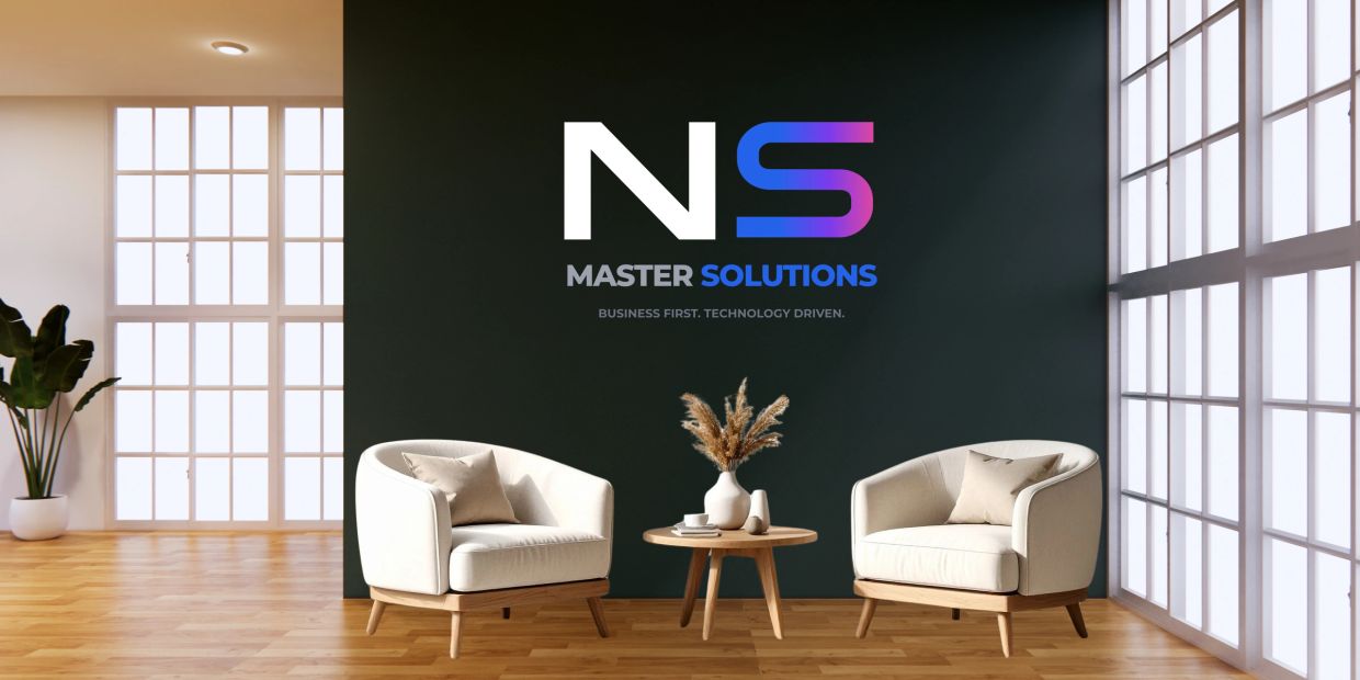 Modern office waiting area with NS Master Solutions logo on black wall.