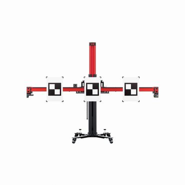High-tech calibration device with red and black components and checkerboard markers.