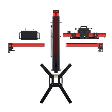 Disassembled red and black mechanical device parts arranged neatly on a black background.