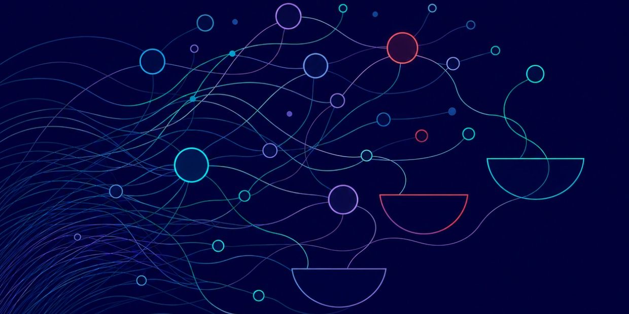 Colorful abstract network with connected nodes and lines on dark background.