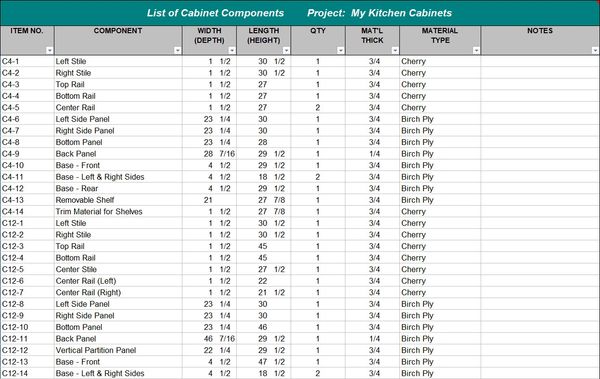 Cabinet making software with cut list using Excel spreadsheet