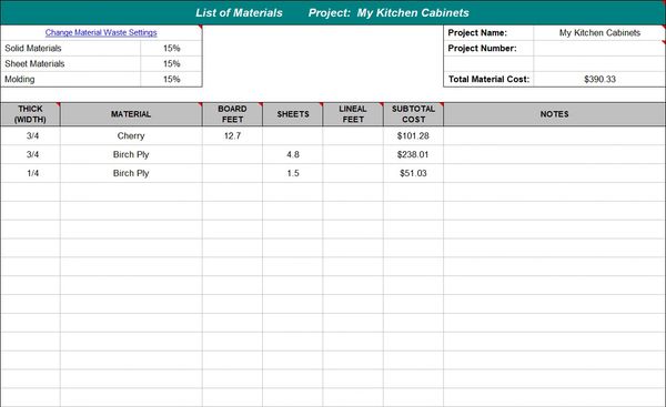 Cabinet estimating software creates list of materials using Excel spreadsheet