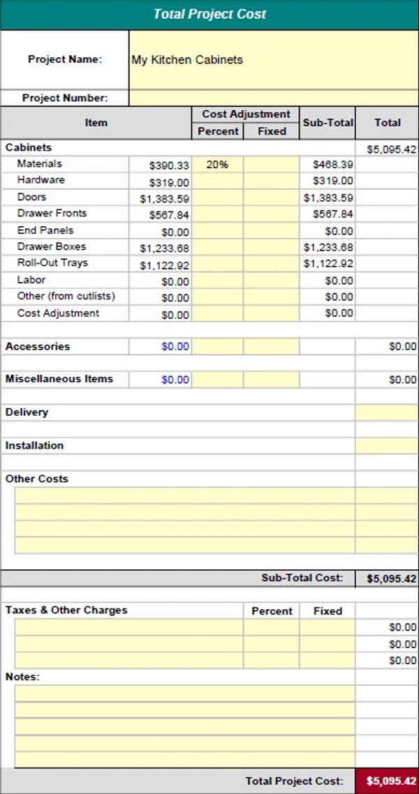 Cost estimating software for building custom cabinets