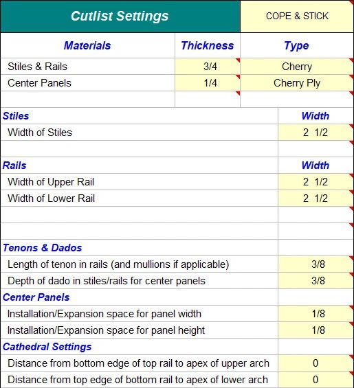Woodworking cut list software for building cabinet doors for woodworking furniture and cabinets