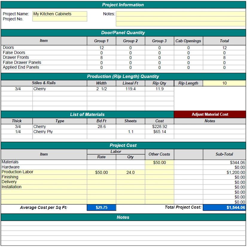 Cost estimating software for building custom cabinets and doors.