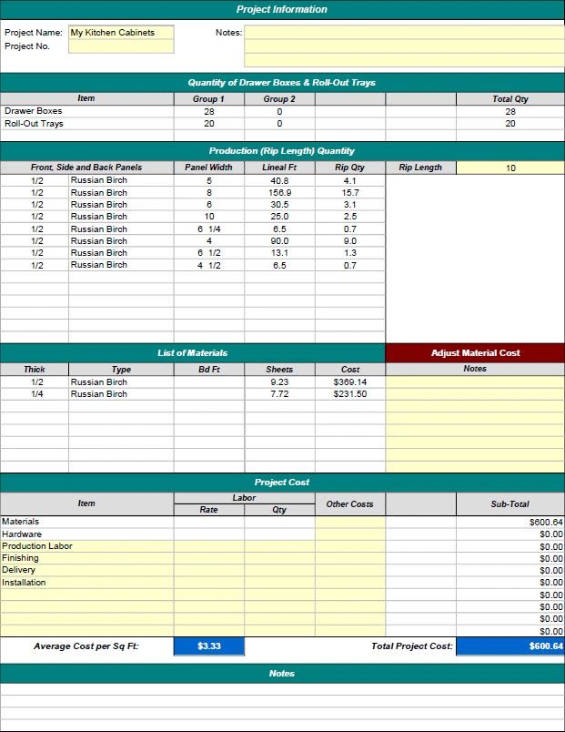 Cost estimate software for building custom drawers using DrawerCRUNCHER Cutlist Software