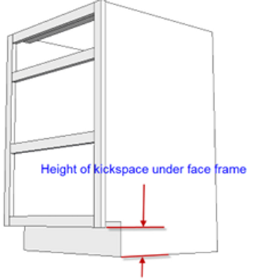 Modifying toe kick dimensions and height in a 3D cabinet model for custom installation needs.