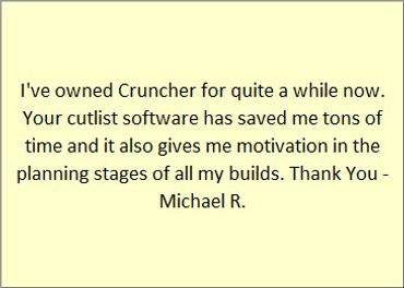 I've owned CRUNCHER for quite a while now. Your cutlist software has saved me tons of time.