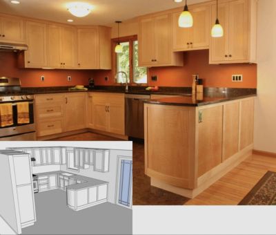 Kitchen cabinets installed with corresponding 3D cabinet model in CabinetVIEW