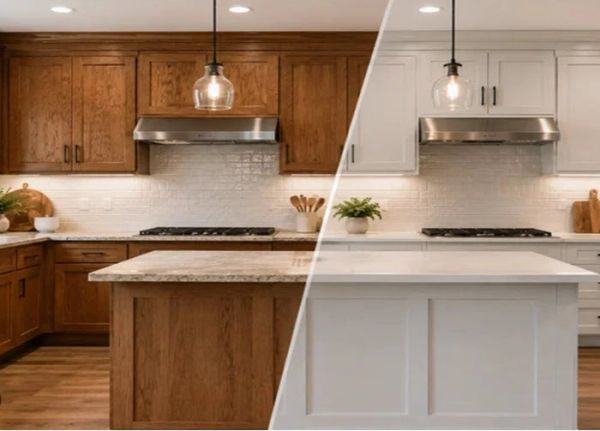 Cabinet refacing project with new doors and drawer fronts sized from existing cabinet openings using