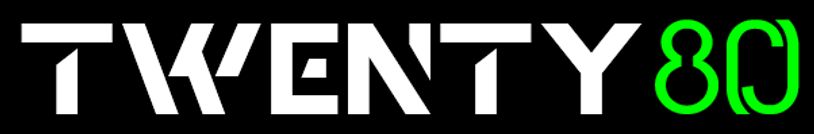Logo with text "TWENTY80" in white and green.