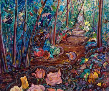 A toddler enters a forest path where personified Strangeness can be seen lurking ahead before roses.