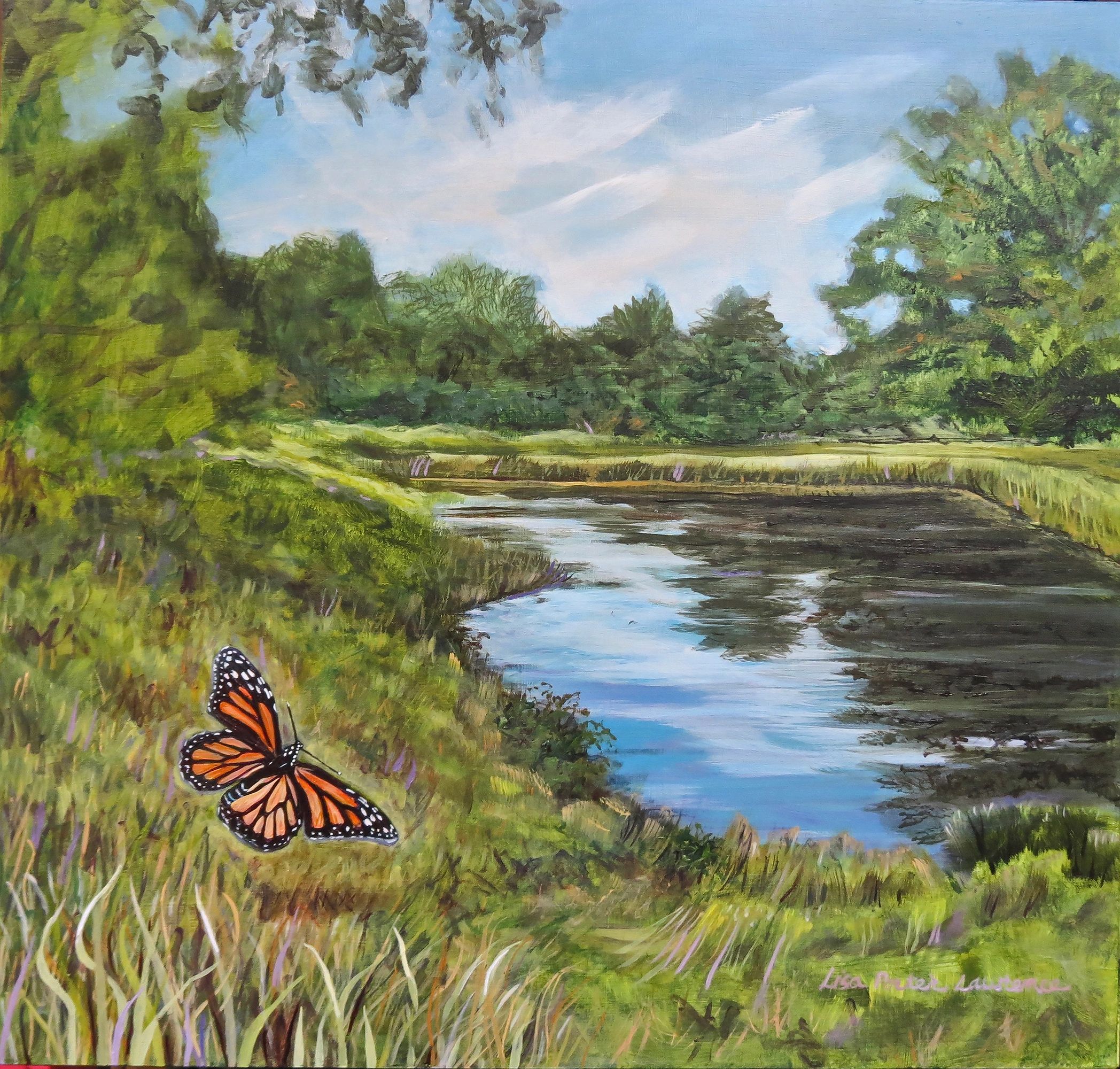 The painted panel, "The Return," shows a butterfly, heading to a pond in lush countryside.