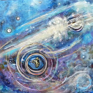 A butterfly, encircled with cosmic hoops, time travels through the universe with repercussions.