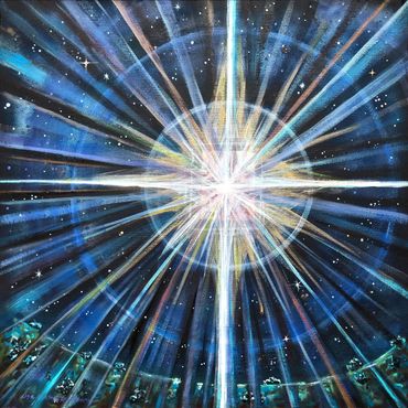 A starry light bursts into the night sky consuming all with its rays.