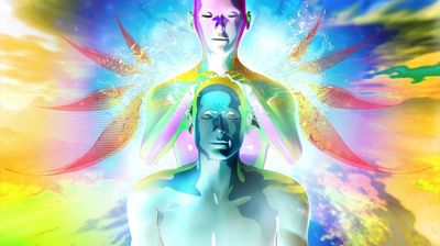 Galactic Charm colorful image of a man seated with a woman holding energy healing hands over him.