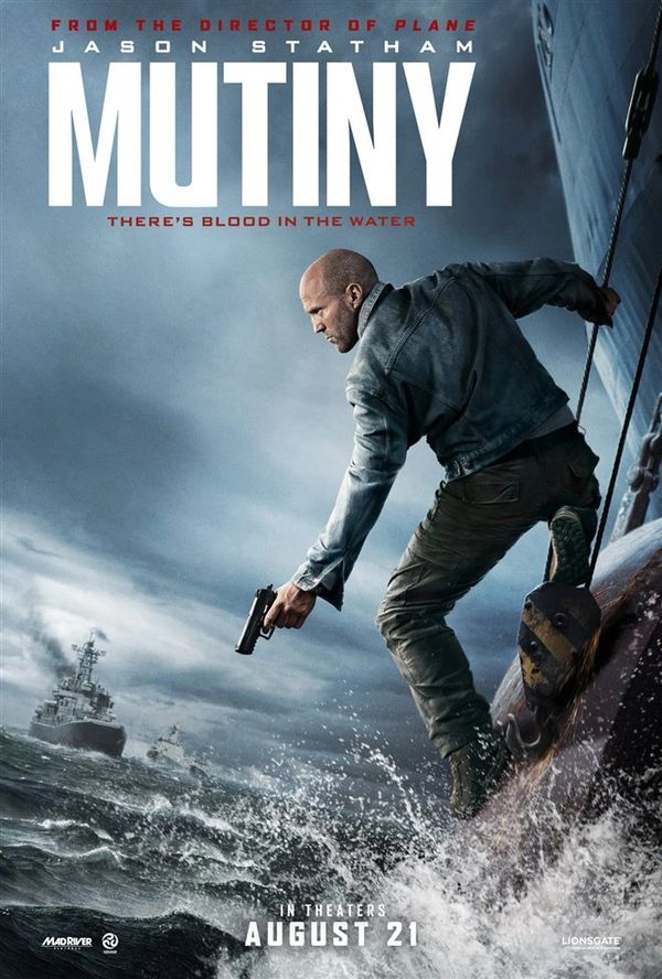 Jason Statham in the movie poster for Mutiny, holding a gun over water.