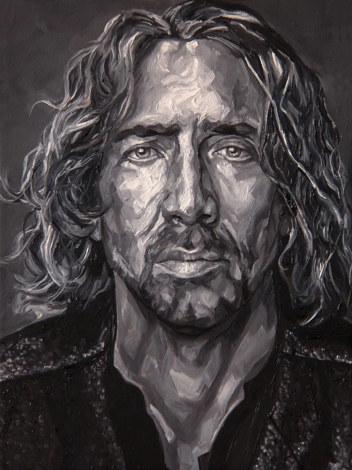 Black and white oil portrait of a man with long hair and intense expression.