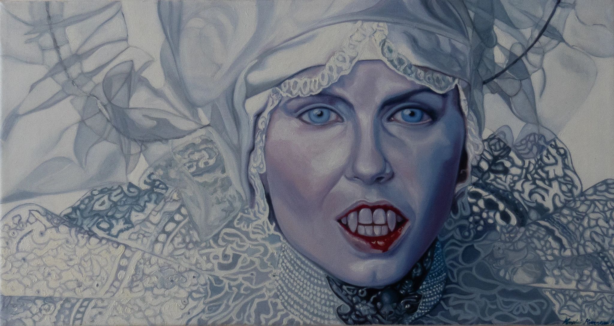 Eerie portrait of a vampire bride with blue eyes and lace veil.