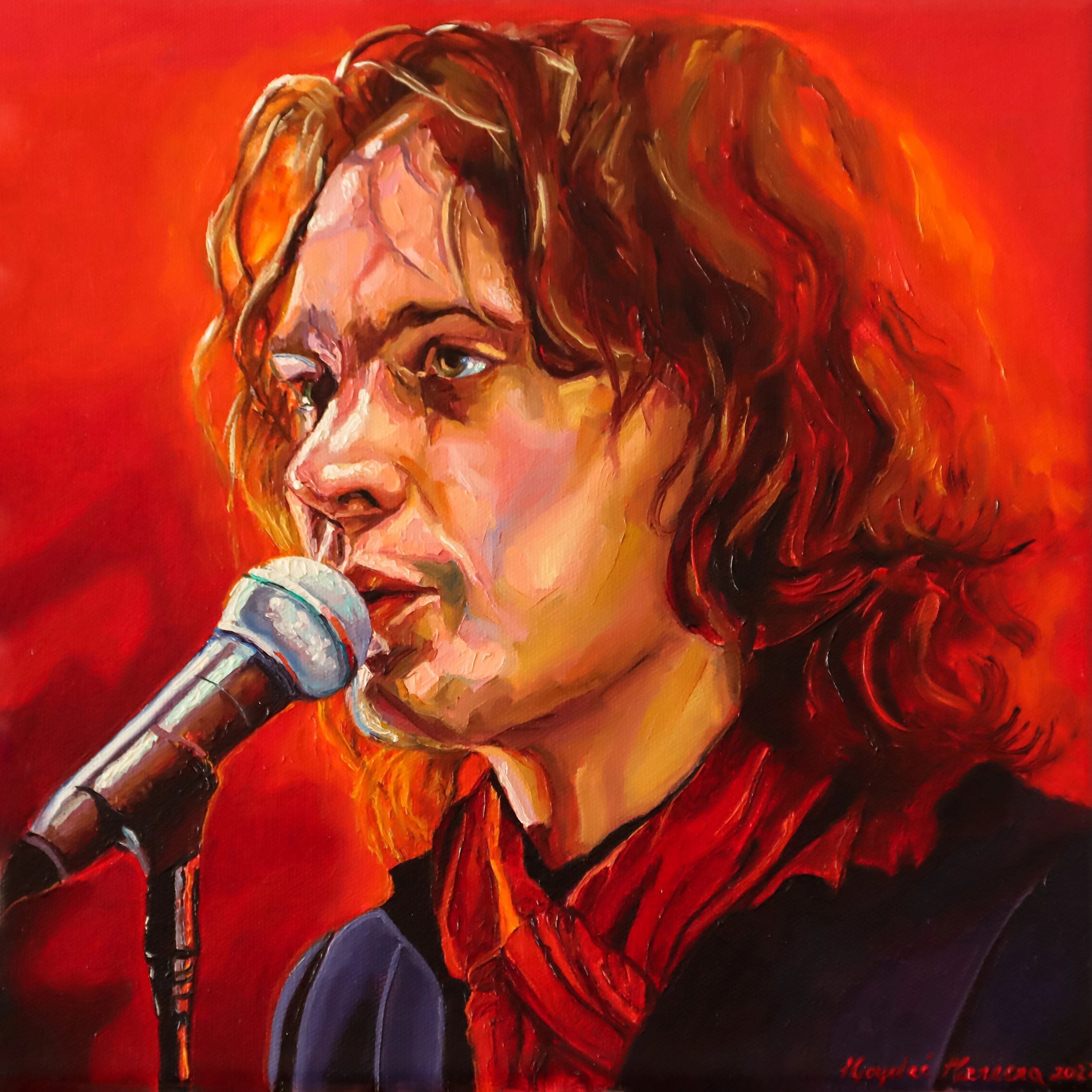 Oil painting of a man singing into a microphone with a red background.