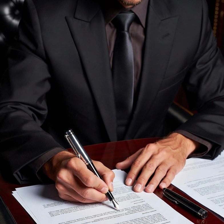 Man in black suit signing documents at desk.