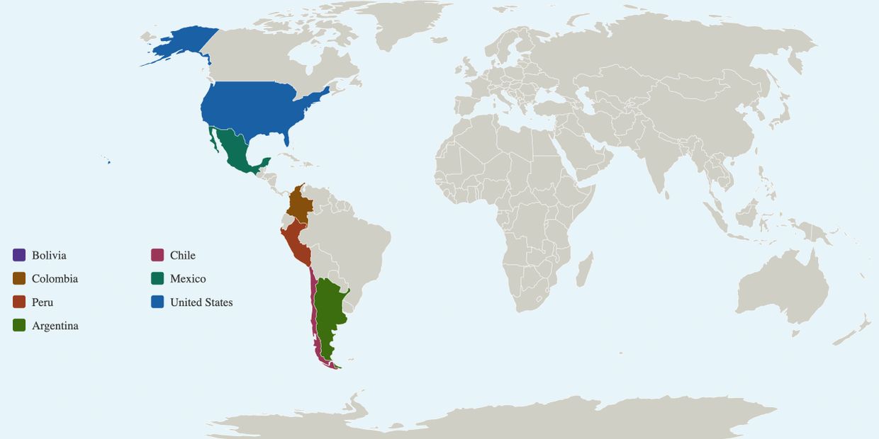 Map highlighting specific countries in the Americas with distinct colors.