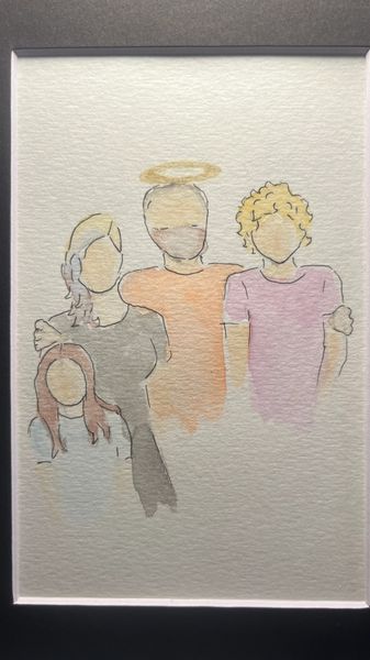 Watercolor painting of a faceless family with an angel halo on one figure.