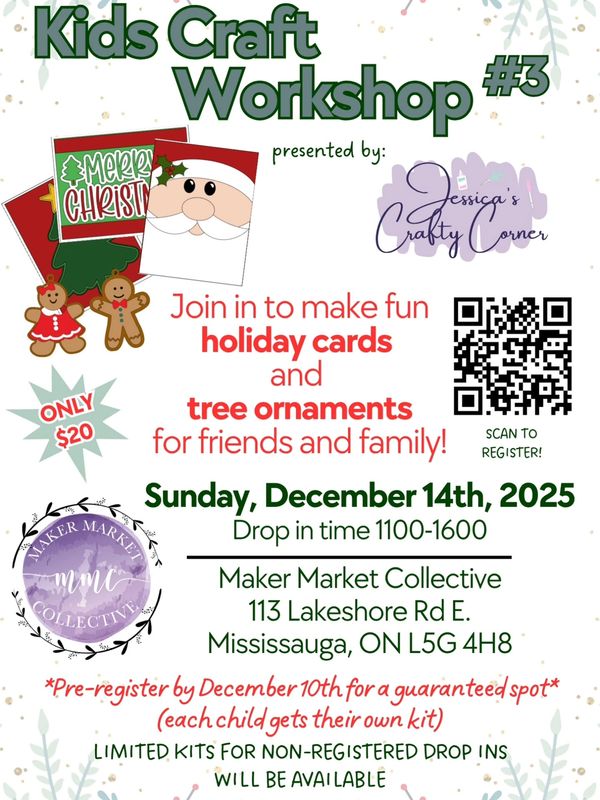 Kids craft workshop to make holiday cards and tree ornaments on December 14, 2025.