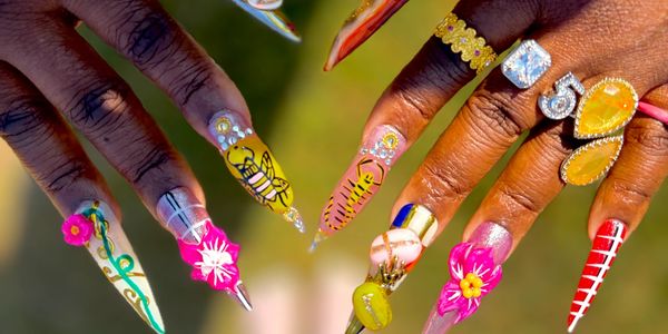 Colorful, detailed long nails with floral and insect designs.