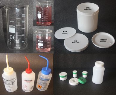 plastic paste jars, bottles, glass beakers, solvent tins, squirt bottles, sealing tape