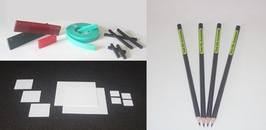 squeegees, brown cermet marking pencils, ceramic substrates, blending bowls, alignment tape