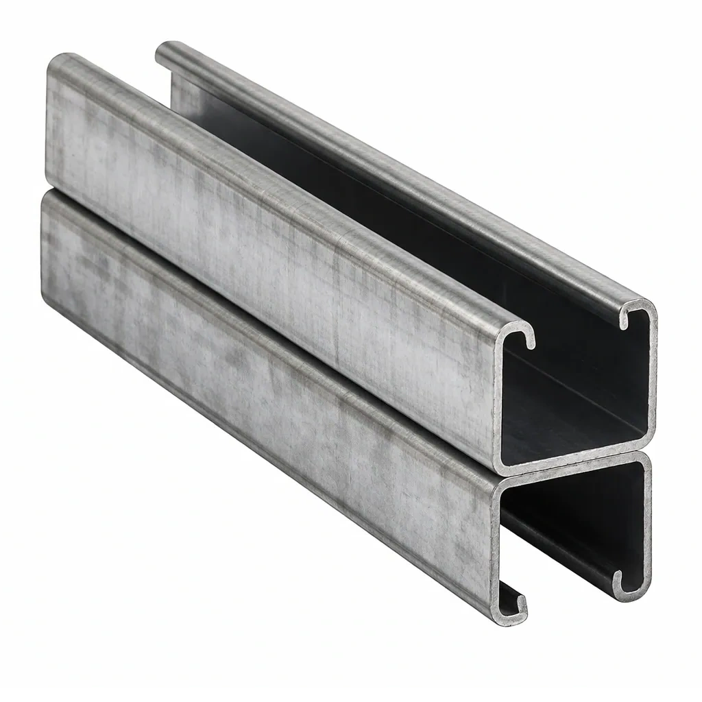 Two galvanized steel channels stacked together on a white background.