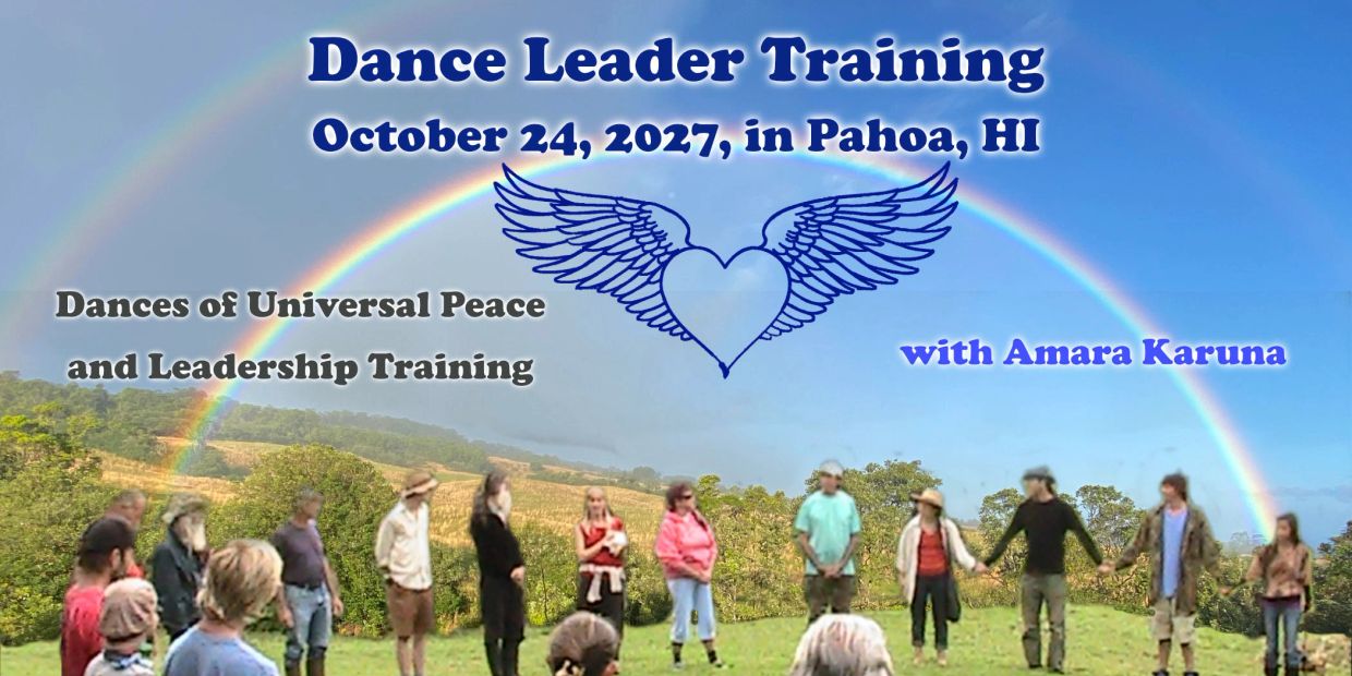 Dance Leader Training event with participants holding hands under a double rainbow.