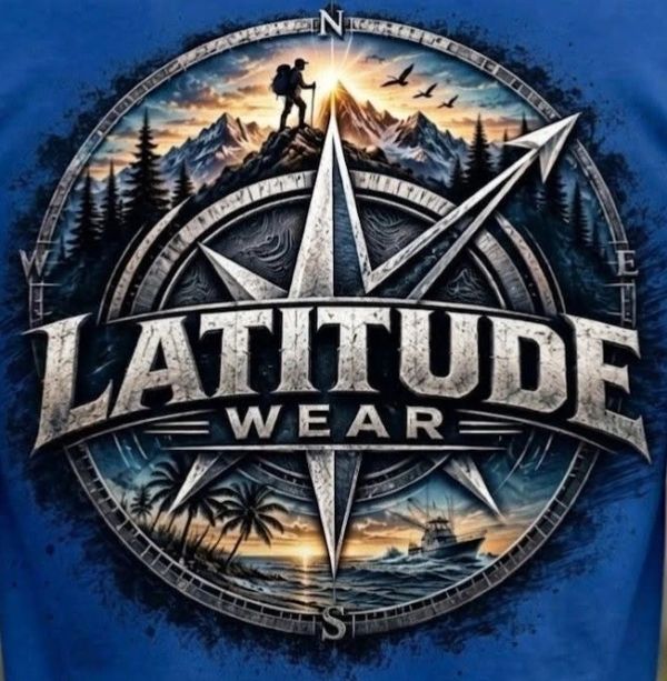 Logo with compass, mountains, and ocean scenes for Latitude Wear.
