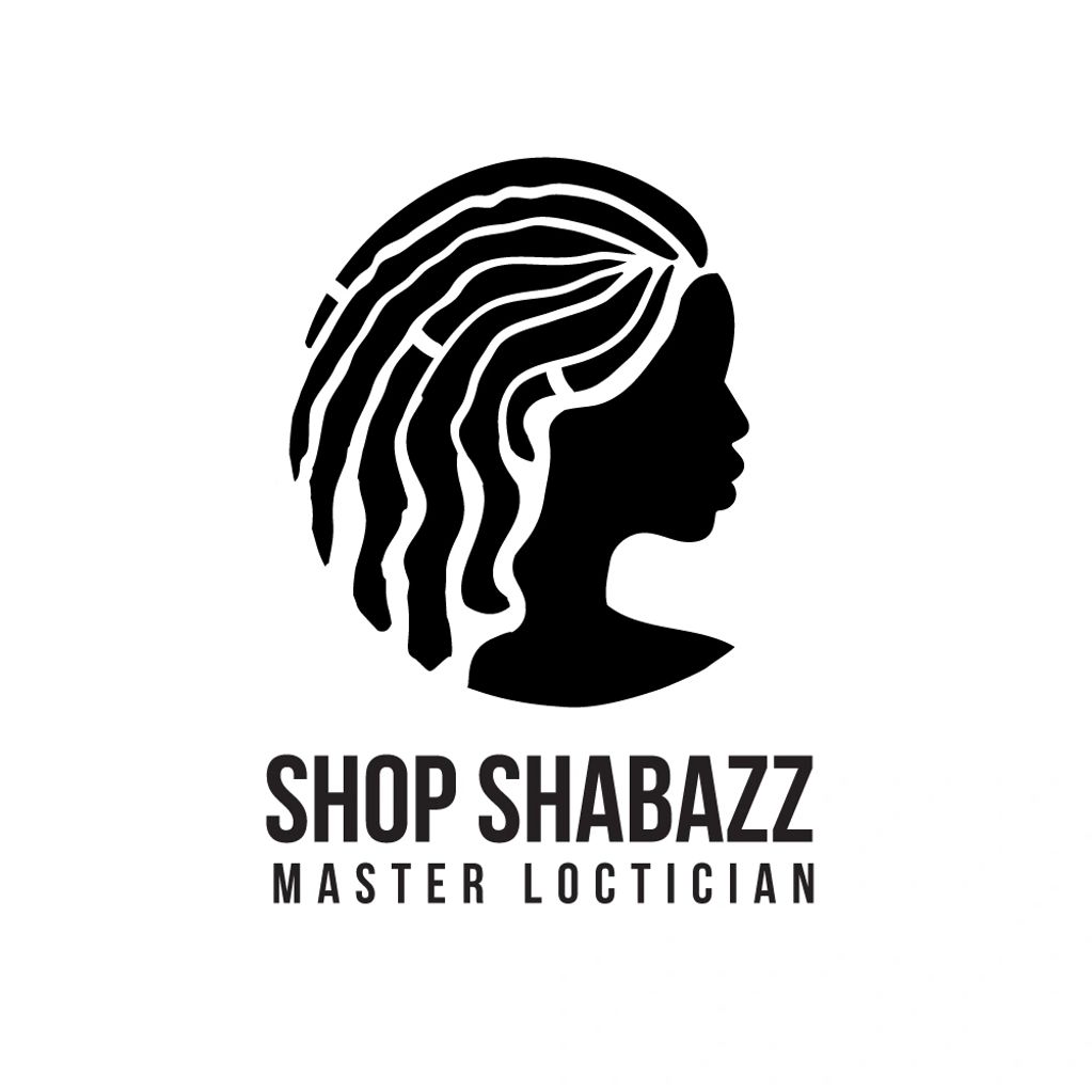 A black round depiction of a black woman's profile with dreadlocks above the words SHOP SHABAZZ MAST