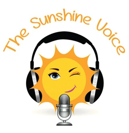 Jess Garrett's logo for voice acting: A sun with headphones and microphone. The Sunshine Voice