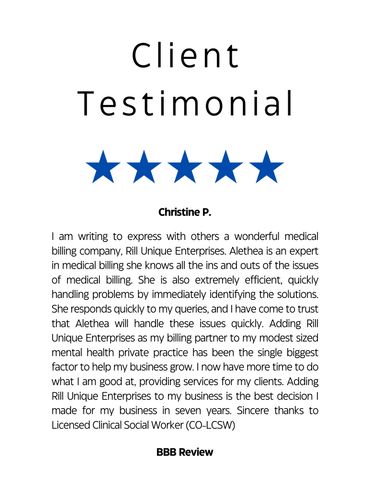 A client testimonial for the services of Rill Unique Enterprises || Medical Billing and Coding