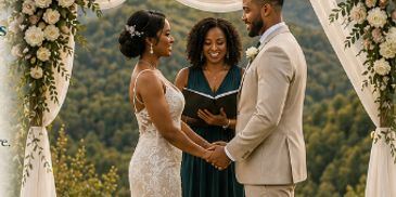 Couple exchanging vows outdoors under floral arch during wedding ceremony.