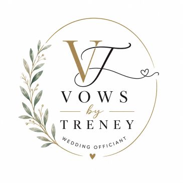 Elegant logo for wedding officiant service 'Vows by Treney' with floral accents.