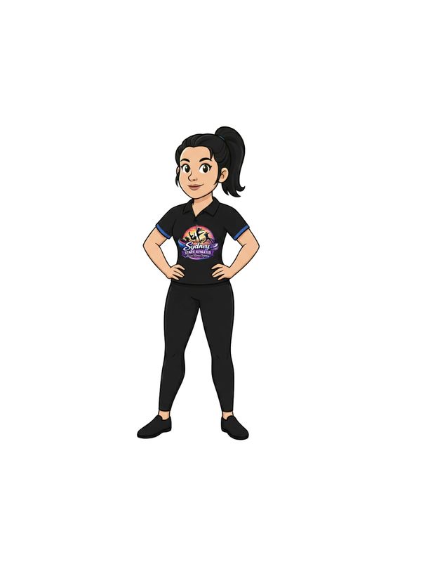 Cartoon woman in black athletic outfit with Sydney event shirt.