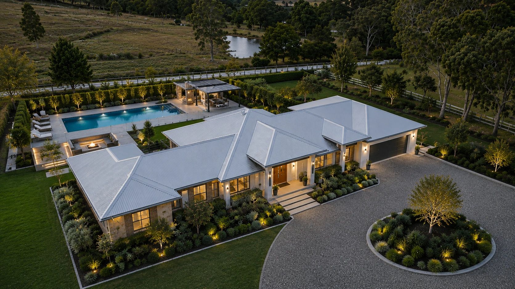 Luxury house with pool and garden lighting at dusk.