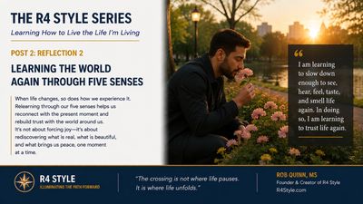 A man reflects on life and learning through his five senses at sunset.