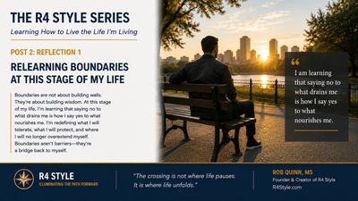 A reflective post on setting boundaries with a cityscape at sunset.