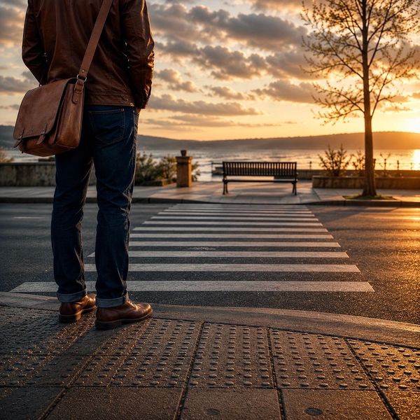 Person waiting at a crosswalk during sunset.